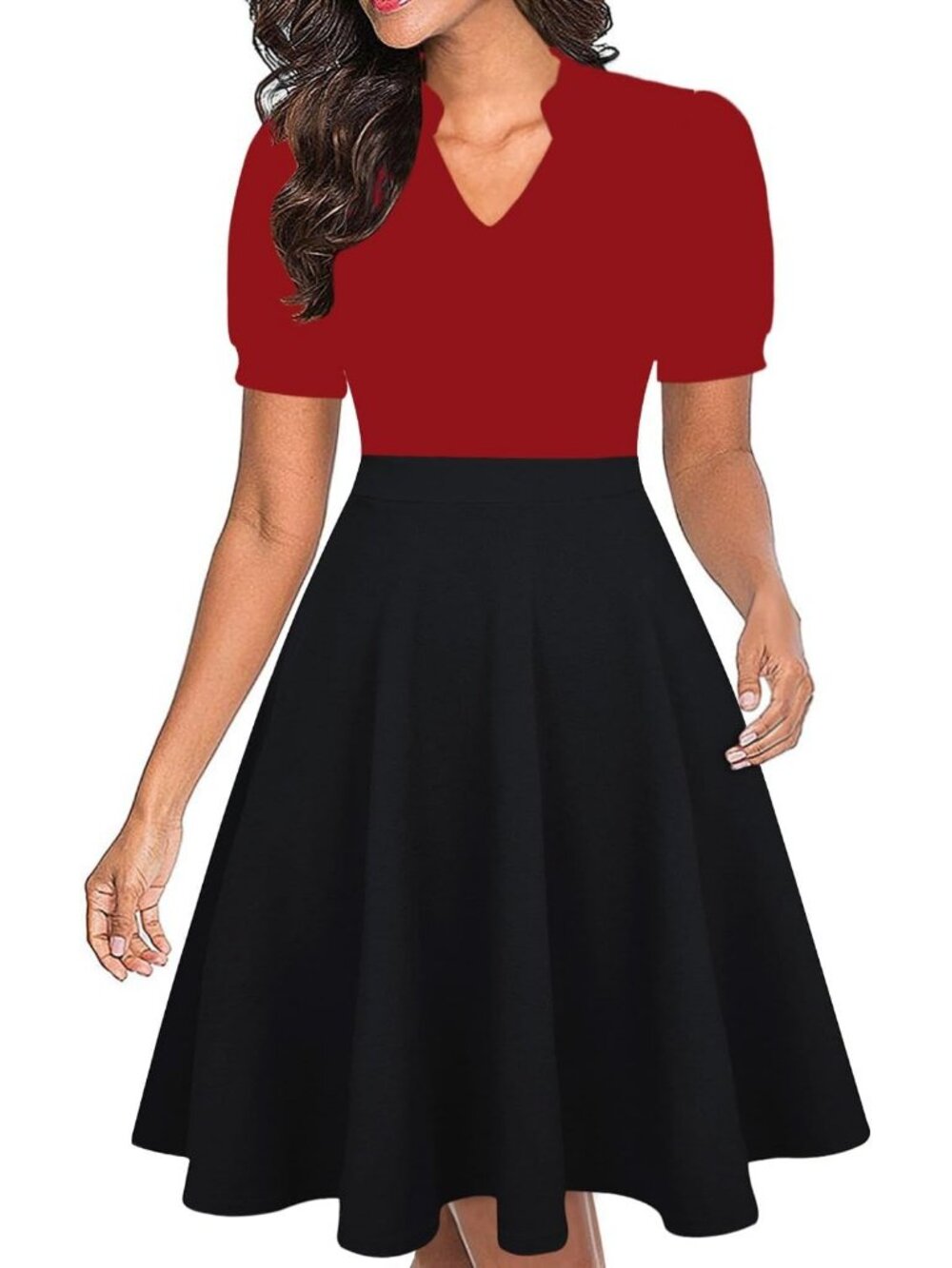 Women's Red Black Print Fit & Flare Midi Dress Puff Sleeve with Pockets